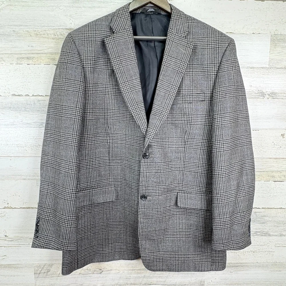 Haggar Collections 42L 100% Lambswool‎ Blazer Glen Plaid Mens Sport Coat Jacket